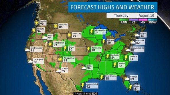 Forecasters say the pattern of lower temperatures in the east will continue until at least the second week in August, though could reverse after that (pictured, Thursday forecast)