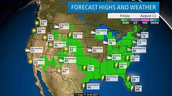 While temperatures in New York will hover around 80F for much of the week, by Friday they will dip back down into the 70s with more rain